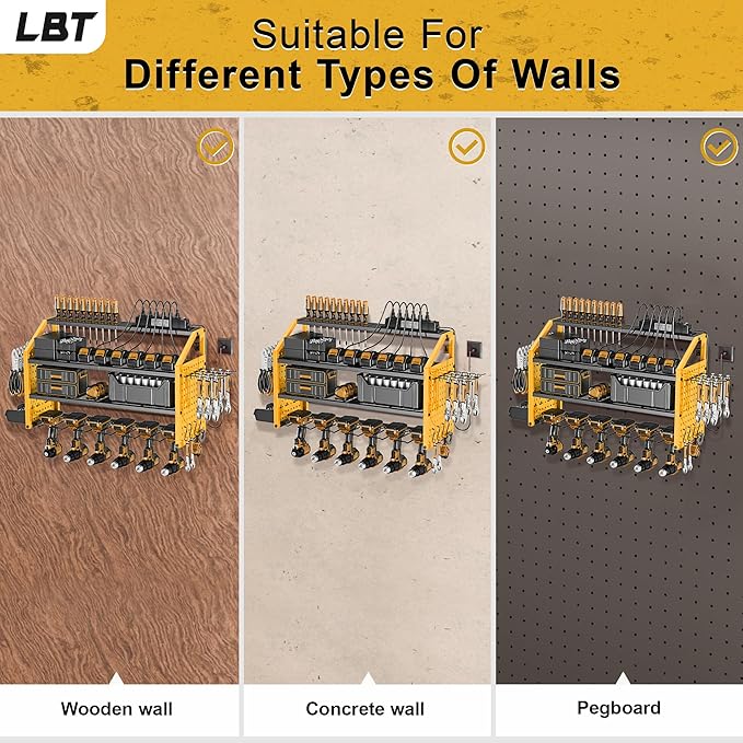 LBT Power Tool Organizer With Charging Station,Patented,Heavy Duty Steel,6 Drilling Rig Sizes With Hooks And Screw Boxes,6 sockets,Easy To Install Garage Storage Rack,Great Gift For Men, Yellow