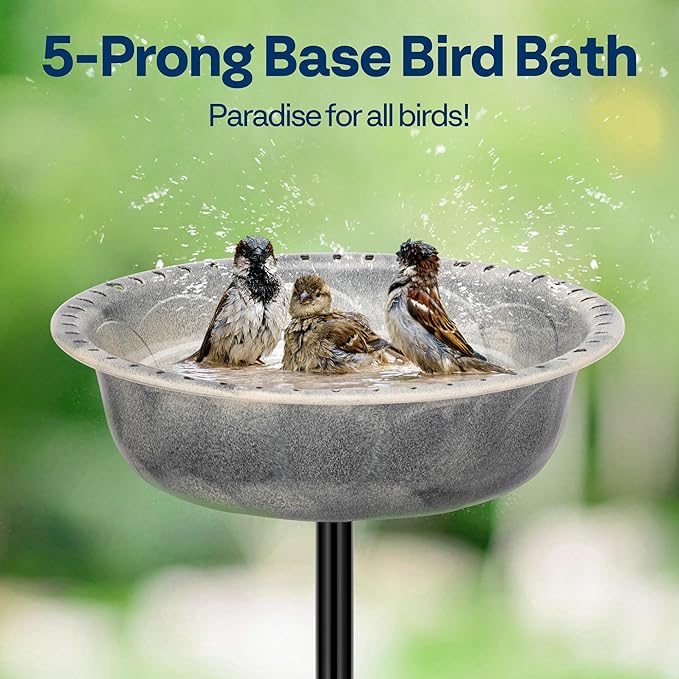 VIVOHOME Polyresin Bird Bath Bowl with Metal Stake, 29 Inch Height Outdoor Freestanding Birdfeeder, Capacity 1.4 Gallons, 5-Pronged Base, Gray