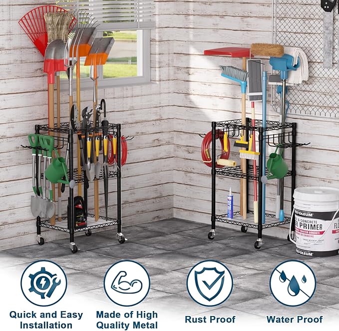 T1 Garden Tool Organizer（With Lockable Wheels）Heavy Duty Garage Tool Storage for Yard，Shed，Outdoor and Lawn，Freestanding Tool Organizers and Storage UP to 50 Tools，Black with Anti-Tip Device