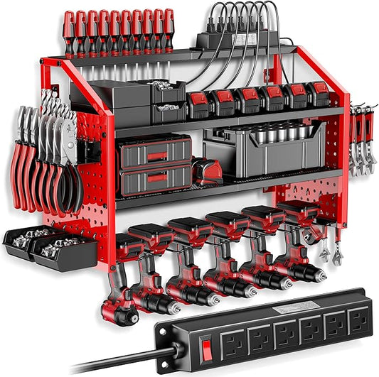 LBT Power Tool Organizer With Charging Station,Patented,Heavy Duty Steel,6 Drilling Rig Sizes With Hooks And Screw Boxes,6 sockets,Easy To Install Garage Storage Rack,Great Gift For Men, Red
