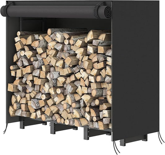 HOOBRO 4FT Firewood Rack with Cover, Outdoor Firewood Log Rack, Adjustable Log Holder with Waterproof Cover, Fireplace Wood Storage, Heavy Duty Wood Holder, for Indoor and Outdoor, Black BB01CH02