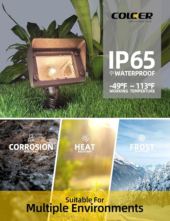 COLOER Brass Rectangular Flood Lights 6 Pack with 4W 2700K LED G4 Bulb, 12V Low Voltage Landscape Floodlights for Outside, Outdoor Wall Lights Illuminating Signs, Walls and Plant Material