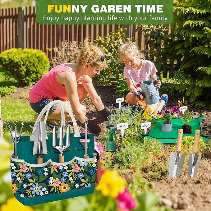 22Pcs Gardening Tools Set for Women Heavy Duty Garden Hand Tools Kit Organizer Gifts for Mom Beginner Gardener Gardening Accessories with Tote Bag/Shovels/Repotting Mat/Plant Labels/Gloves-Dark Green