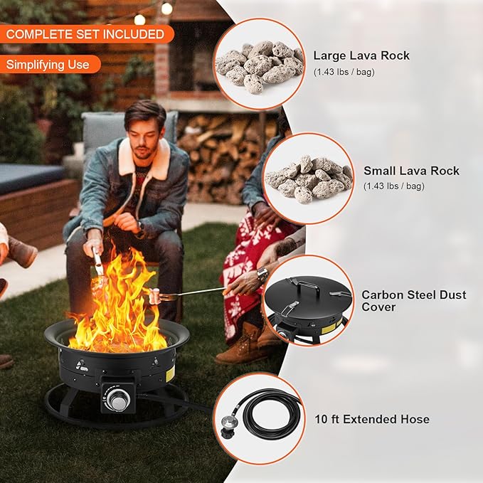VEVOR Portable Propane Fire Pit, 19-Inch Diameter Outdoor Gas Fire Pit with Cover & Lava Rocks, Adjustable Flame Height Camping Firepit for Heating, Lighting, Gathering, 58,000 BTU, Black