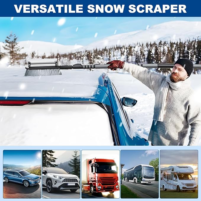 72" Long Snow Brush Ice Scraper | Extendable | Multipurpose | Easy to Use | Antifreeze Gloves | 270° Pivoting | Snow Ice Removal | Fit for Car SUV MPV Truck Van Windshield Window Roof Gift