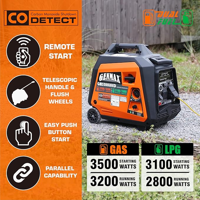 GENMAX Portable Inverter Generator, 3500W Super Quiet Gas or Propane Powered Engine with Parallel Capability, Remote/Electric Start, Ideal for Camping Travel Outdoor.EPA Compliant (GM3500iAED)