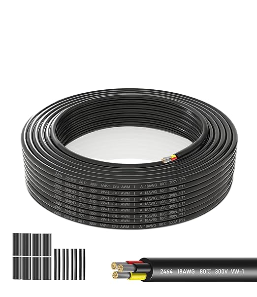 18 AWG 3 Conductor Stranded PVC Electrical Wire - 82.02FT, Oxygen-Free Tinned Copper Core, 12V/24V Low Voltage Flexible Cable for Automotive/Marine LED Strips, Solar Lighting, RV Wiring