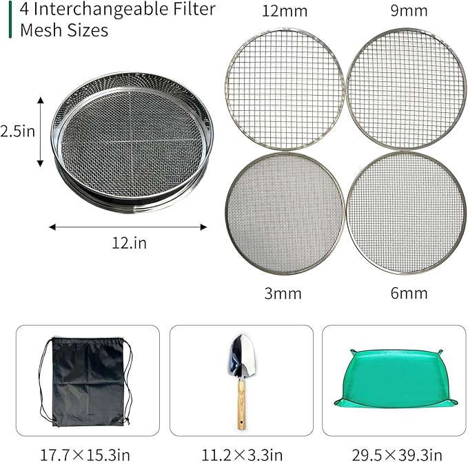 Soil Sifter for Gardening, 12 Inch Stainless Steel Soil Sifter with 4 Replaceable Fine Screens and Shovel, Sieve for Sand Rocks Dirt Compost