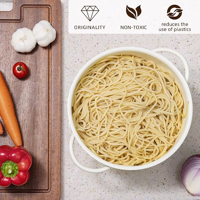 Metal Colander 5 Quart Powder Coated Self-draining Metal Strainer with Base,Kitchen Pasta Fruit Vegetable Basket with Double Handles (Cream)