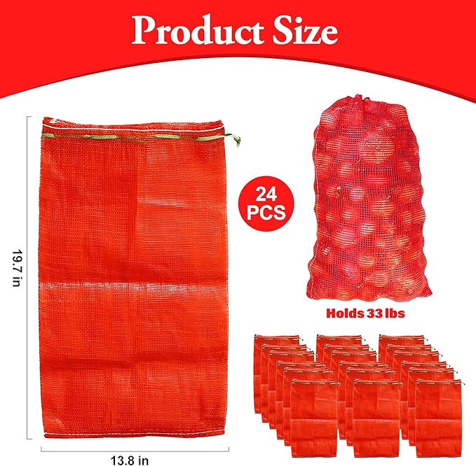 24 Pack 20'' x 14'' Mesh Onion Bags, Reusable Drawstring Fresh Produce Storage Bags for Onions, Vegetables, Potatoes, Citrus, Crawfish Firewood