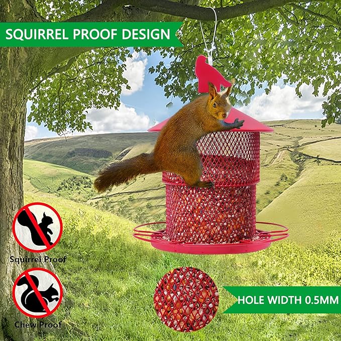 Metal Bird Feeder for Outside Hanging, Bird Feeders Squirrel Proof, 4 Lbs Large Capacity Tube Iron Mesh Wild Birdfeeder for Outdoor Finch Cardinal Chickadees -Red