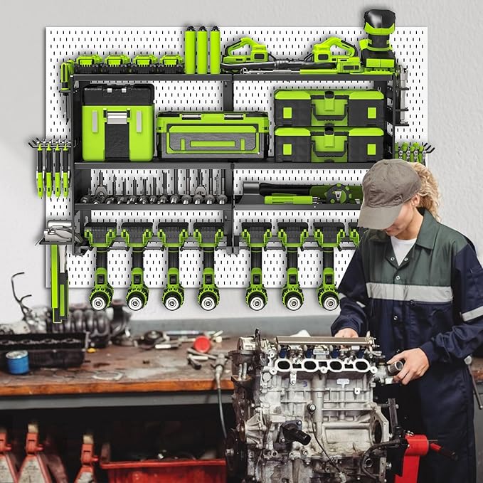 Power Tool Organizer Wall Mount,Heavy Duty Metal 4 Layer 8 Slots Drill Holder,Garage Cordless Storage Rack with Screwdriver Plier Hammer Holder for Workshop Carport Basement