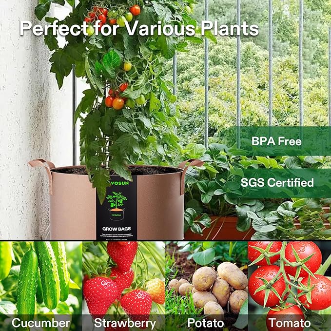 VIVOSUN 5-Pack 15 Gallons Grow Bags Heavy Duty Thickened Nonwoven Fabric Pots with Strap Handles Tan