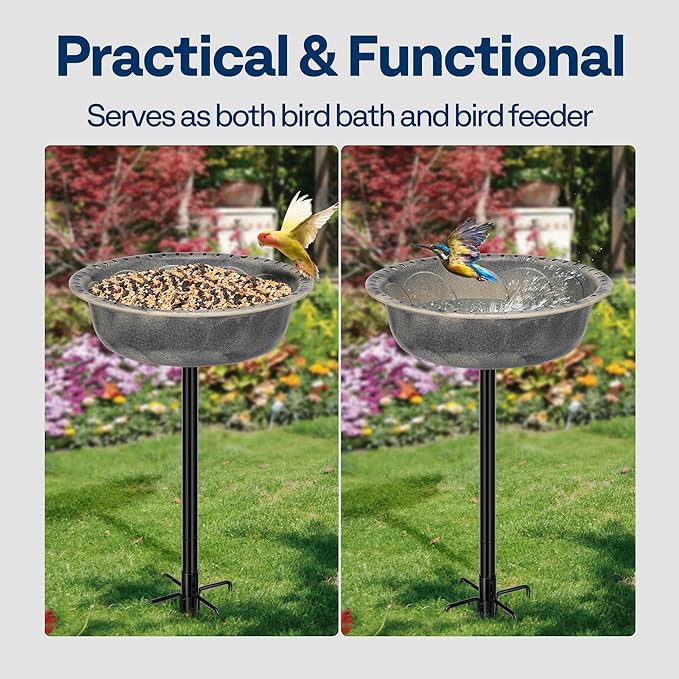 VIVOHOME Polyresin Bird Bath Bowl with Metal Stake, 29 Inch Height Outdoor Freestanding Birdfeeder, Capacity 1.4 Gallons, 5-Pronged Base, Gray