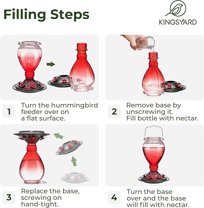 Kingsyard Glass Hummingbird Feeder - 6 Bee Guard Feeding Ports & Ant Moat, 24 oz Leak Proof, Wild Bird Feeder for Outdoors Hanging, Easy to Clean & Refill, Garden Yard Décor, Red & Pink