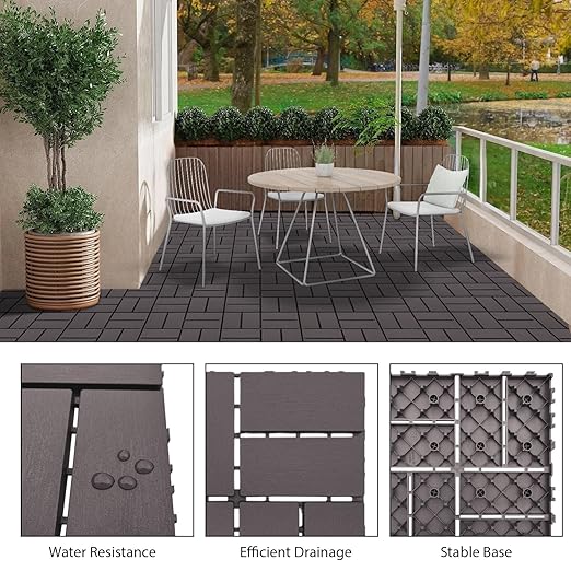 27 PCS 12x12 Inch Interlocking Deck Tiles - Waterproof All-Weather Outdoor Patio Flooring for Pool, Balcony, Backyard, Porch & Garden, Coffee