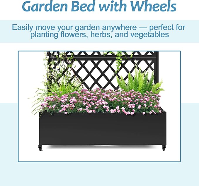 Metal Planter Box with Trellis & Wheels, Raised Garden Bed with Privacy Screen, Outdoor Standing Flower Beds with Drainage Hole for Climbing Plants, Vine, 47.2''L×15.7''W×70.9''H, Black