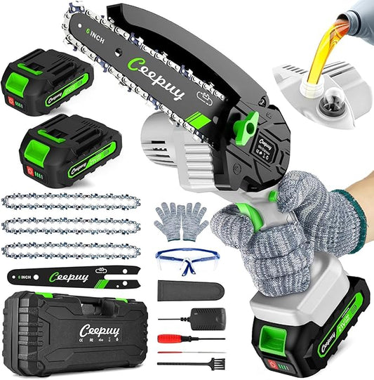 Mini Chainsaw Cordless,6 Inch Portable Electric Chainsaw with Automatic Oiler/Security Lock/Battery Powered Small Handheld Saw for Trees Branches Trimming,Wood Cutting,2 Batteries 3 Chains 2025