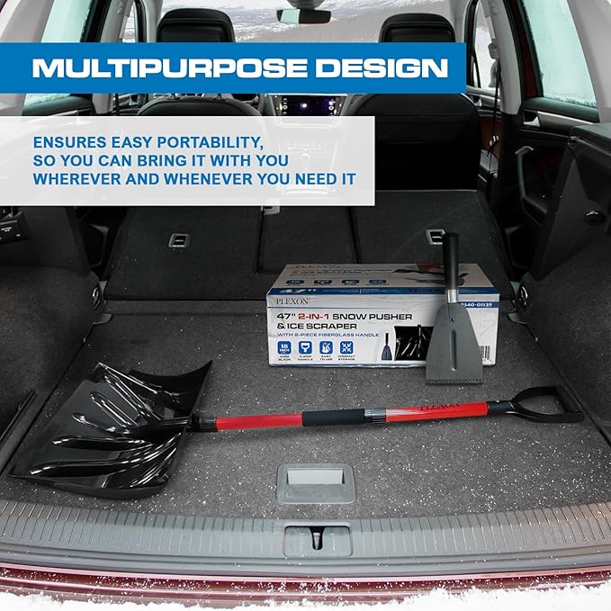 PLEXON Snow Shovel for Driveway, Snow Shovel for Car, Lightweight for Snow Removal, Home Garage, 47" Ergonomic, Plastic with D-Grip Handle