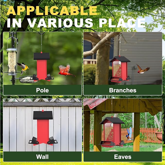 Squirrel Proof Bird Feeder for Outdoor Hanging,Metal Bird Seed Feeder with Bilateral Weight Activated Perches,5LB Large Capacity Wild Bird Feeders for Outside,Easy Refill and Clean,Red