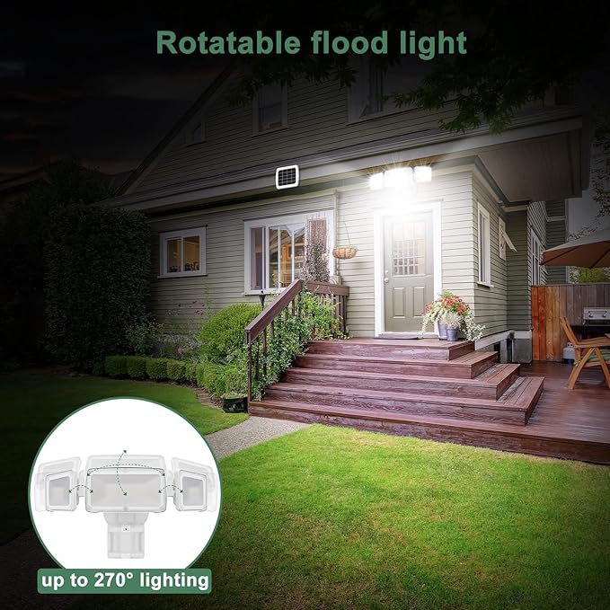 GLORIOUS-LITE Solar Security Lights 2400mAh LED Motion Sensor Light Outdoor, Rechargable 1600lm Solar Flood light, 5500-6000K, IP 65 Waterproof for Garage, Yard, Porch, Entryways - White