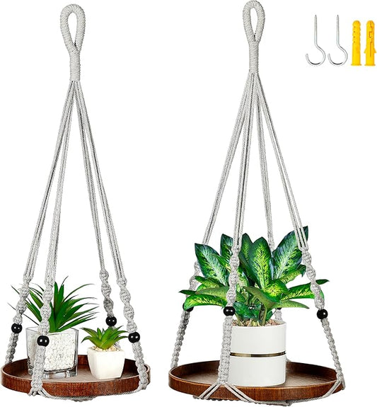 2 Pack Macrame Plant Hanger | Plant Hanger Indoor, Hanging Planter Shelf | Hanging Planter (Light Grey) (1 Large + 1 Medium)