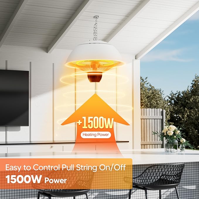 Electric Outdoor Heater, 1500W Outdoor Hanging Heater, Ceiling Mounted Infrared Patio Heater for Outdoor Use, Waterproof Electric Heater for Porch, Balcony, Garage, Adjustable Height, White