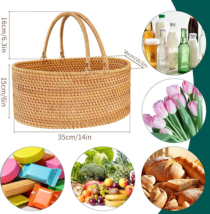 14"×10.2"×6" Rattan Picnic Basket with Handles, Large Oval Gift Basket, Hand-Woven Basket for Fruit, Empty Gift Basket for Festival, Wedding, Camping