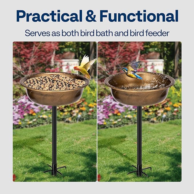 VIVOHOME Polyresin Bird Bath Bowl with Metal Stake, 29 Inch Height Outdoor Freestanding Birdfeeder, Capacity 1.4 Gallons, 5-Pronged Base, Copper