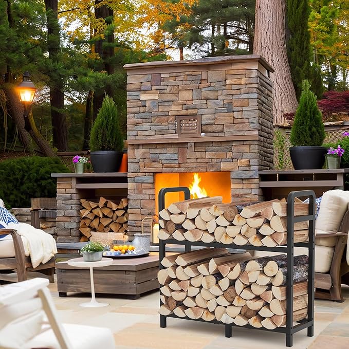 2-Tier Large Firewood Rack Outdoor Indoor with Log Carrier Bag, 30" Stable Log Holder Rustproof Metal Wood Rack for Fireplace Patio Deck Firepit, Heavy Duty Firewood Storage Organizer Tool