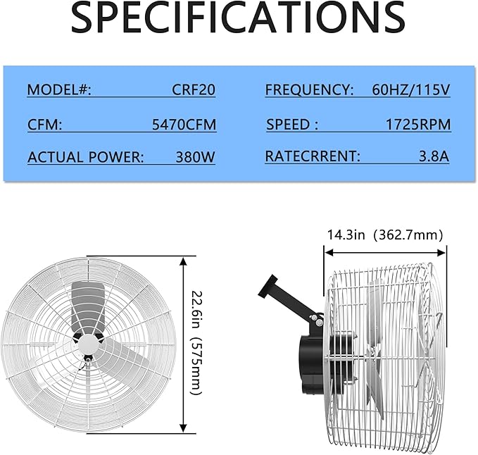 Greenhouse Air Circulation 1/3 HP 115V Ceiling Wall Mount Fan 5470CFM High Speed Circulation Fan for Greenhouse, Warehouse, Patio, Garage