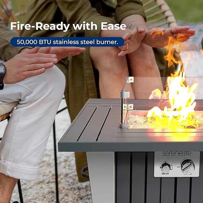 SereneLife Propane Fire Pit Table with Sturdy Metal, Gas Pits with 50,000 BTU and Stainless Steel Fire Pan, Includes Decorative Glass Rocks, Weather Cover, CSA Certified for Outdoor Fireplaces
