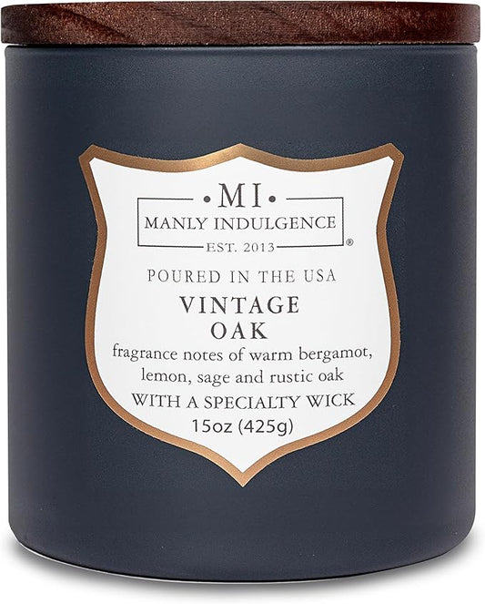 Manly Indulgence Vintage Oak Scented Candles for Men, 15 oz Wooden Wick, Premium Soy Blend Wax, 60H Burn, Candles for Home Scented - Made in The USA