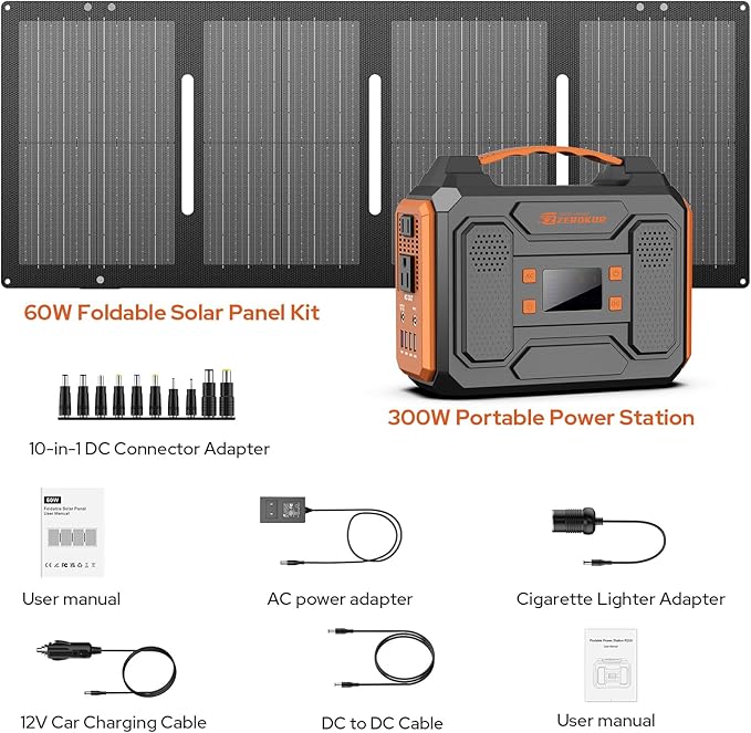 Portable Solar Generator, 300W Portable Power Station with Foldable 60W Solar Panel, 110V Pure Sine Wave 280Wh Lithium Battery Pack with USB DC AC Outlet for Home Use RV Van Outdoor Camping-Orange