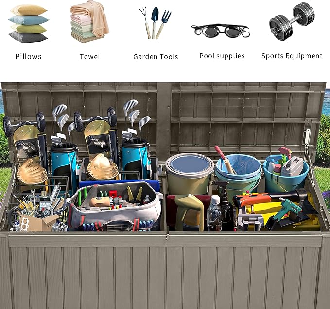 YITAHOME 180 Gallon XL Outdoor Storage Deck Box with Divider, Waterproof & Lockable, Ideal for Patio Furniture and Garden Tools, Resin-Built, Wood-Like Texture, Brown