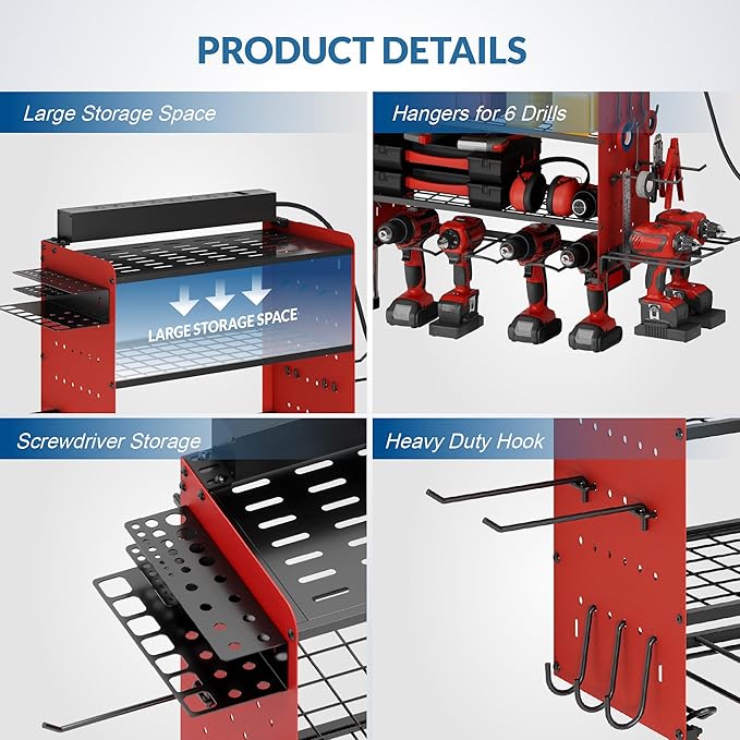 Power Tool Organizer with Charging Station, 4 Layers Garage Storage Rack with 6 Drill Holders, Father's Days Gift For Dad, Wall Mount Garage Organizer Built in 8 Outlets Power Strip, Red