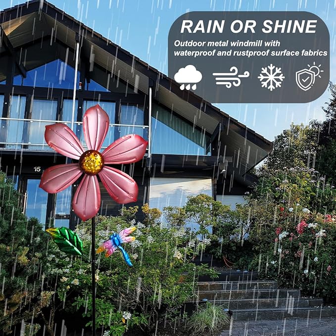 Metal Outdoor Flower Wind Spinner with Pink Floral & Gold Dragonfly, Decorative Kinetic Wind Sculpture for Yard, Garden, Patio, Lawn - Vibran Garden Art & Lawn Ornament for Outdoor Decor