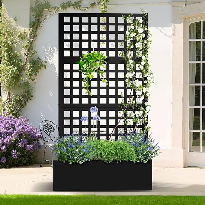Metal Planter Box with Trellis, Heavy-Duty Raised Garden Bed for Climbing Plants, Drainage Hole, Outdoor Planter Box with Privacy Screen，35''L×16''W×71''H