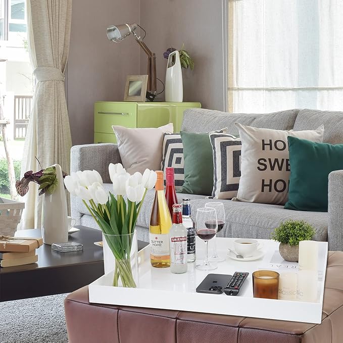 22×22 Inches Oversize Extra Large Sturdy Glossy White Acrylic Serving Tray King Size Decorative Big Ottoman Trays with Cut Out Handles Water Proof Bed Tray Coffee Counter Top Organizer