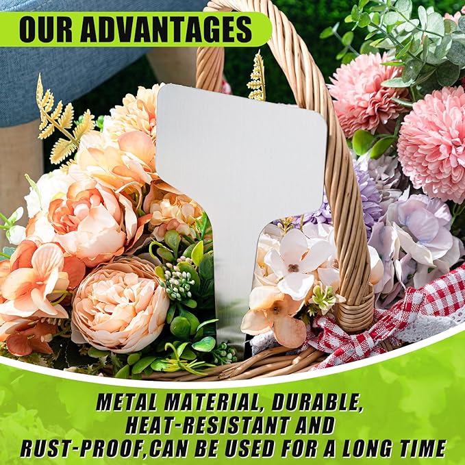 Hicarer 24 Pcs Durable Metal Plant Labels Christmas Gift Weatherproof Garden Markers Engraving Stainless Steel 304 T-Type Reusable Plant Tags for Gardeners Outdoor Greenhouse Vegetables(4x8 Inch)