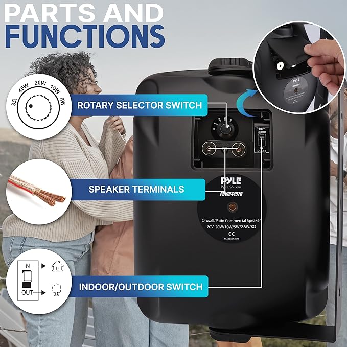 Pyle Outdoor Waterproof Patio Speaker - 3.5" 2-Way Weatherproof Wall/Ceiling Mounted Dual Speaker w/Heavy Duty Grill, w/Transformer Adjuster, Universal Mount, in/Outdoor Use PDWR445TB (Black)