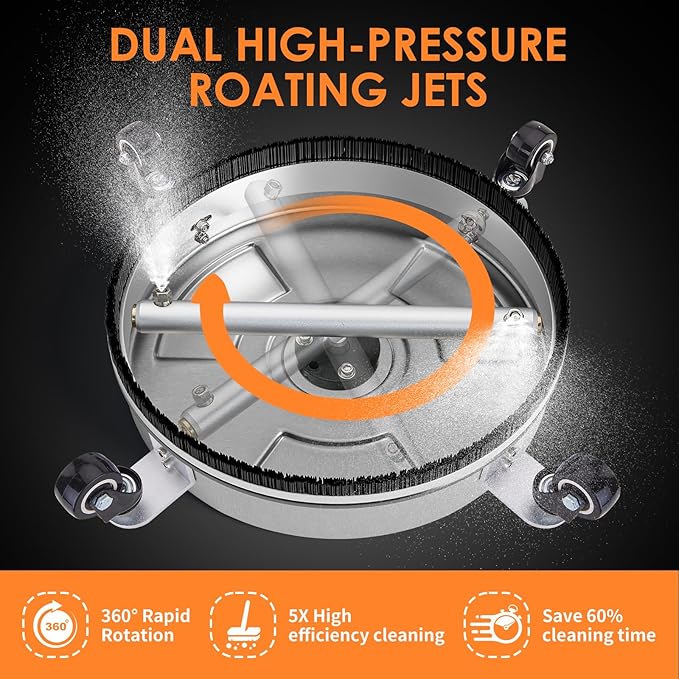 14" Pressure Washer Surface Cleaner, Stainless Steel Power Pressure Washer Attachment for Concrete, Patio, Driveway, Deck Cleaning, 2 Extension Wand Accessories, 1/4" Quick Connect, 4000 PSI