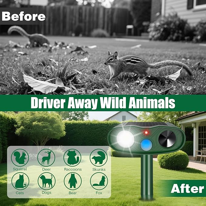 2025 Racoon Squirrel Sonic Fortress Pro Rabbit Repellent Outdoor, Solar Ultrasonic Animal Repeller Deer Deterrent with Motion Sensor&Flash Light to Scare Cat Dog Skunk Out of Garden Farm Yard(4Pack)