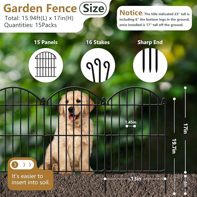 15 Panels Decorative Garden Fence, 15.94ft x 23in Animal Barrier Fencing Arched Rustproof Metal Border Ground Stake for Rabbit Dog, Outdoor Decor for Yard & Patio