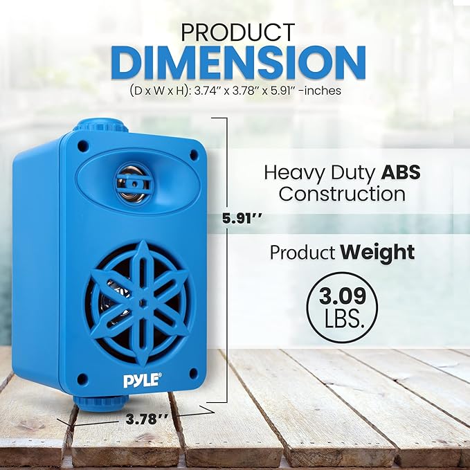 PyleUsa Indoor Outdoor Speakers Pair - 200 Watt Dual Waterproof 3.5” 2-Way Full Range System w/ 1/2” High Compliance Polymer Tweeter - in-Home, Boat, Marine, Deck, Patio, Poolside (Blue) - PDWR35BL