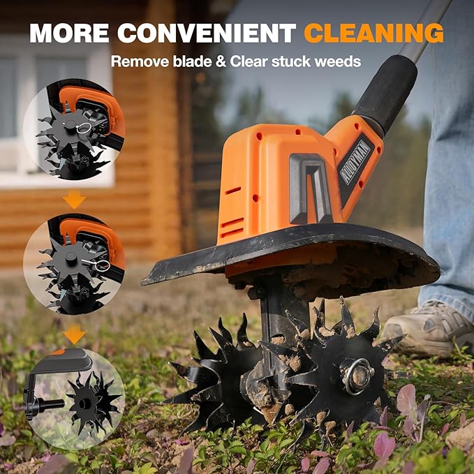 Alloyman 20V Cordless Tiller Cultivator, 360RPM Electric Garden Tiller, with 2 * 4.0Ah Batteries & Charger, 9In Tilling Width and 6.6In Depth Garden Rototiller for Lawn/Gardening/Soil Cultivation