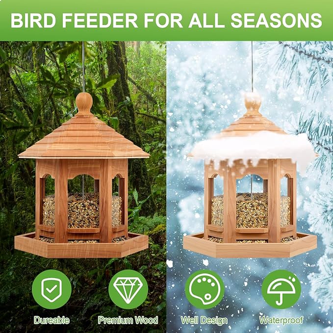 Wooden Bird Feeder for Outdoors Hanging, Red Cedar Hexagon Shaped Large Capacity, Cardinal Birdfeeder for Garden Decoration Yard, Weatherproof and Durable(Medium)