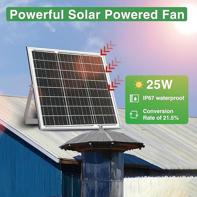 Solar Exhaust Fan, 25W Solar Panel + 8" Ventilation Vent Fan, with Power Adapter, Anti-backflow Valve, High Speed Solar Powered Exhaust Fan with Bracket for Shed, Chicken Coop, Greenhouse, Dog House