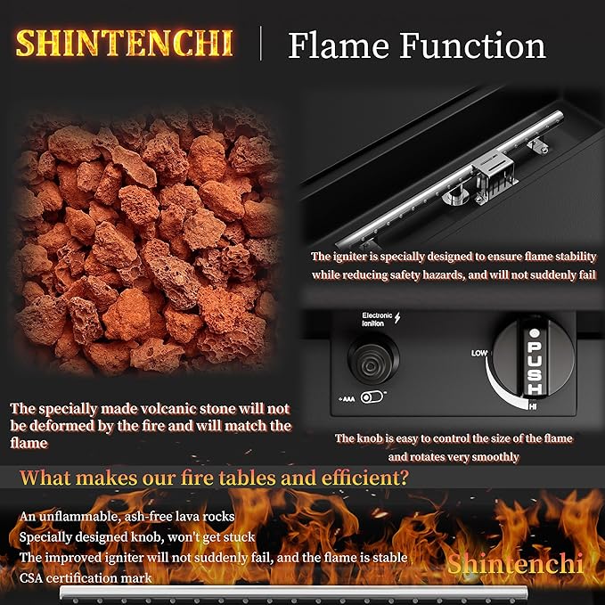 Shintenchi 43 Inch Fire Pit Table, 50,000 BTU Outdoor Propane Fire Table, Outdoor Steel Propane Fire Pit with Lid and Lava Rock for Garden, Yard, Camping, Pool Use, Black
