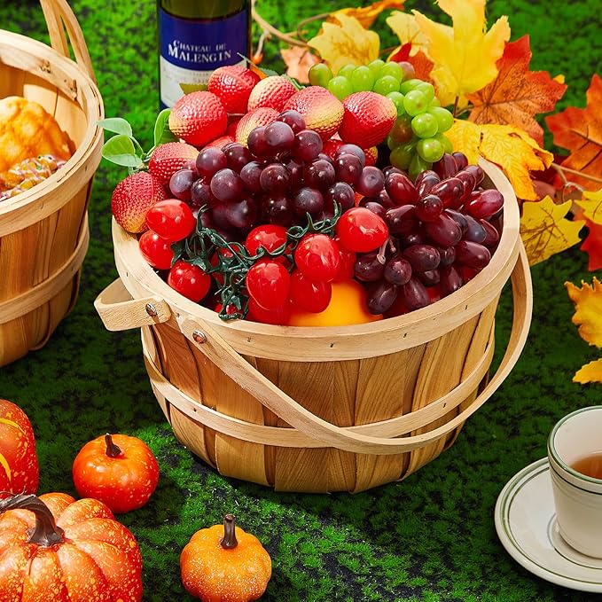 Marsui 16 Pcs Large Wooden Bushel Baskets 11 x 6.5'' Wicker Berry Apple Fruit Bushel Baskets with Handle for Autumn Harvest Garden Storage Farmers Personal or Commercial Use